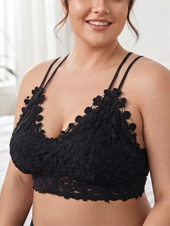 Tops - Black Floral Lace Multi-Strap Halter Bralette Cropped Cami 4XL